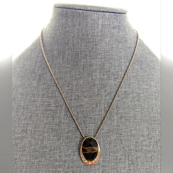 Vintage Monet Gold Tone Chain Faceted Tigers Eye Rhinestone Pendant Necklace - Picture 1 of 4